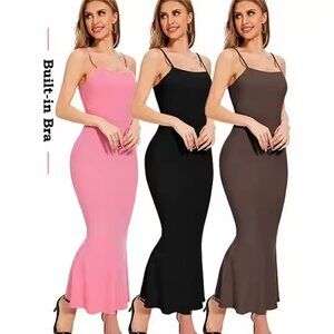 Full Slip Bodycon Dress Built in Shapewear Bras Basic Soft Casual Long Dress